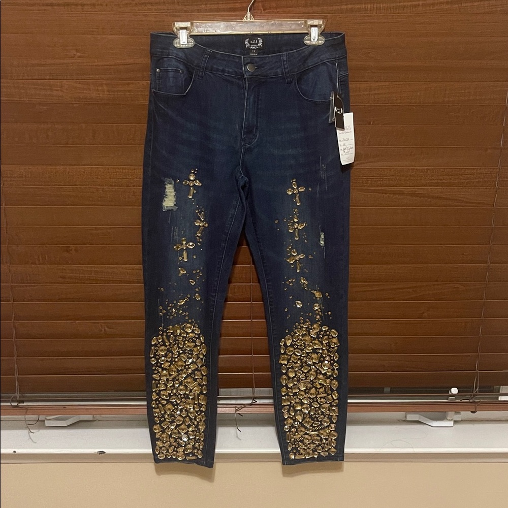 Embellished Dark Blue Jeans with Gold Accents. Brand new with tags AZI Jeans.